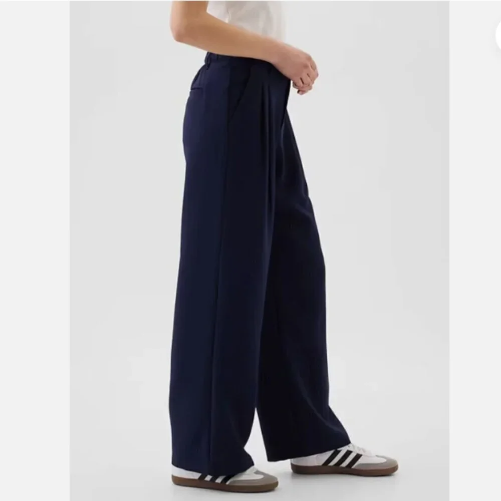 GAP Easy Crepe Drapey PLEATED Navy Blue Loose Straight Pants Size 12 TALL RT$80
